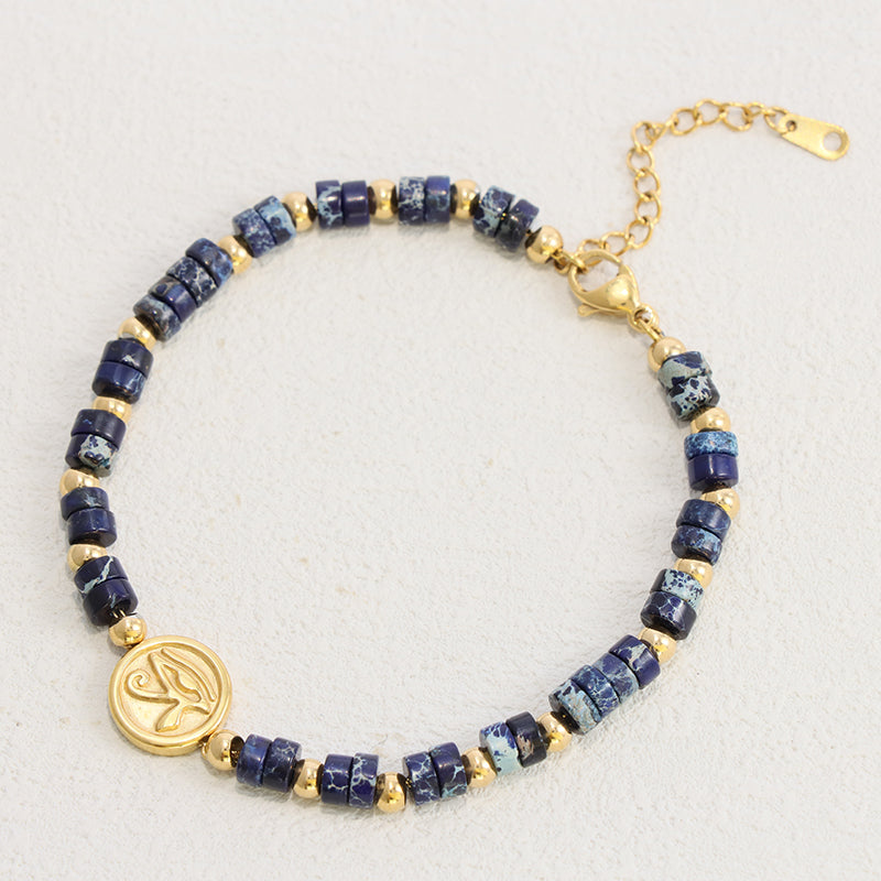 Blue Lapis Lazuli Beaded Bracelet - Gold Accented Stainless Steel Statement Jewelry