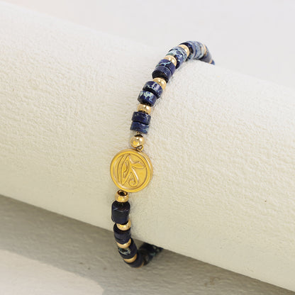 Blue Lapis Lazuli Beaded Bracelet - Gold Accented Stainless Steel Statement Jewelry