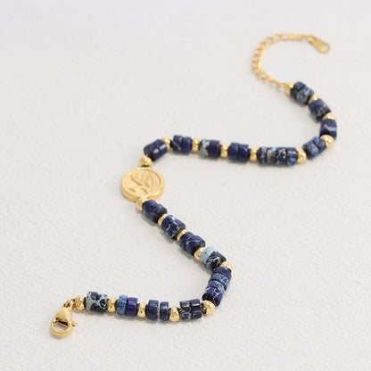 Blue Lapis Lazuli Beaded Bracelet - Gold Accented Stainless Steel Statement Jewelry