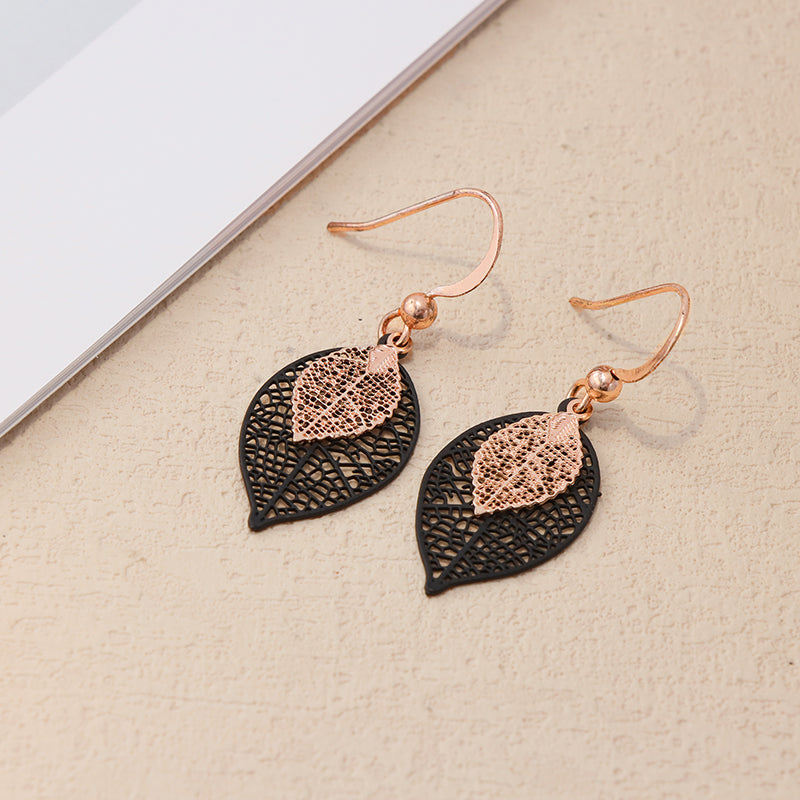 Black Copper Leaf Dangle Earrings, Vintage Nature-Inspired Jewelry