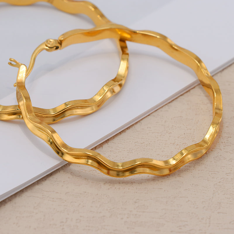 Minimalist Stainless Steel Wave Texture Hoop Earrings