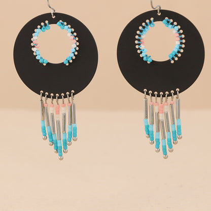 Ethnic Black Copper Asymmetrical Earrings with Tassels
