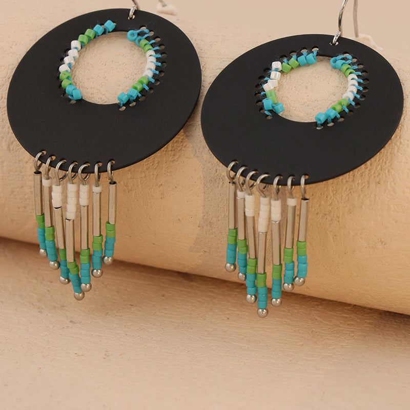Tribal Elegance: Copper Earrings with Geometric Design & Tassel - Express Your Artistic Spirit!