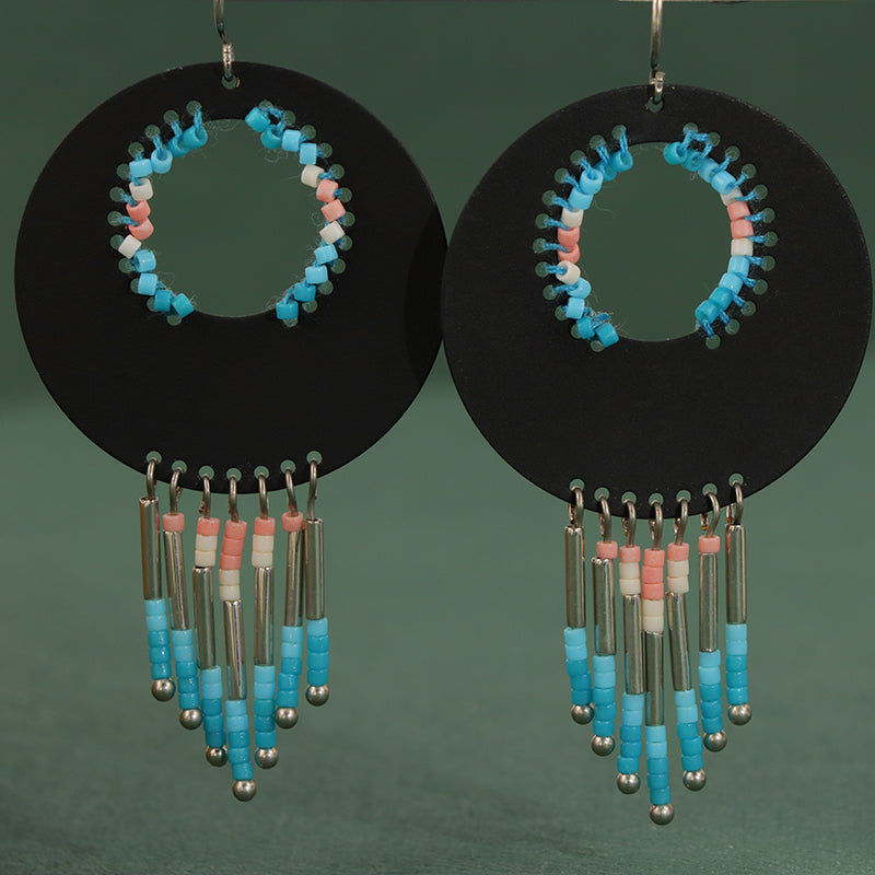 Ethnic Black Copper Asymmetrical Earrings with Tassels
