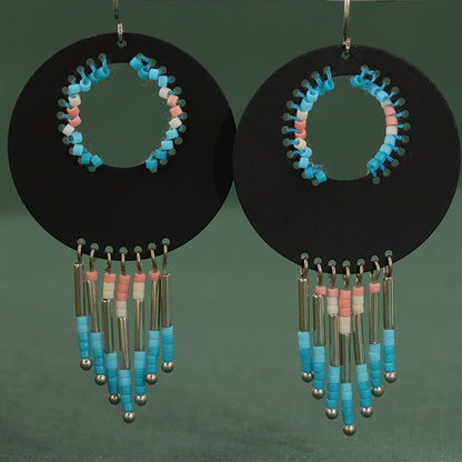 Ethnic Black Copper Asymmetrical Earrings with Tassels