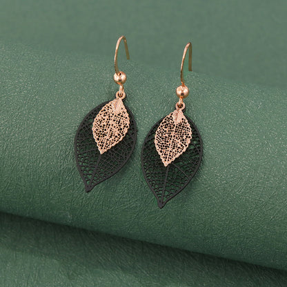 Black Copper Leaf Dangle Earrings, Vintage Nature-Inspired Jewelry