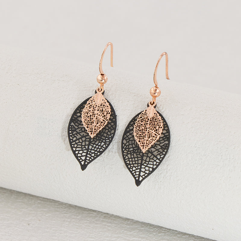 Black Copper Leaf Dangle Earrings, Vintage Nature-Inspired Jewelry