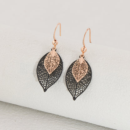 Black Copper Leaf Dangle Earrings, Vintage Nature-Inspired Jewelry