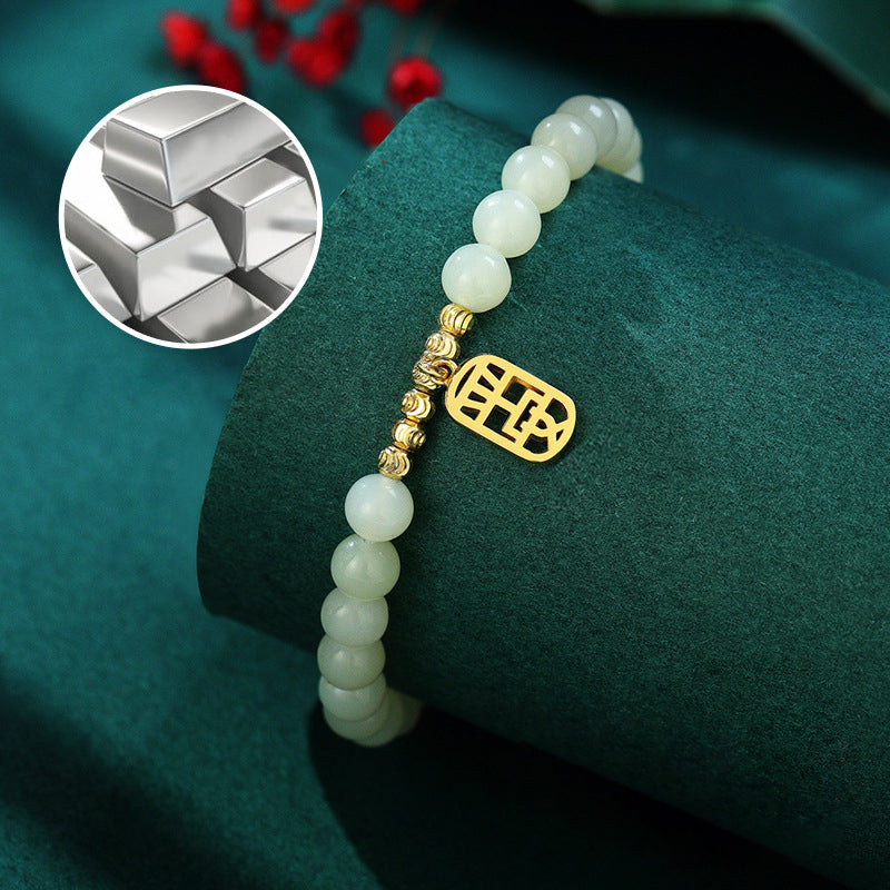 Imperial Fu Character Bracelet 925 Silver Jade Beaded Jewelry