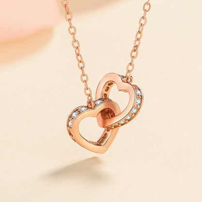 Interlocking Hearts Moissanite Necklace - S925 Sterling Silver Rose Gold/Platinum Plated Collarbone Chain