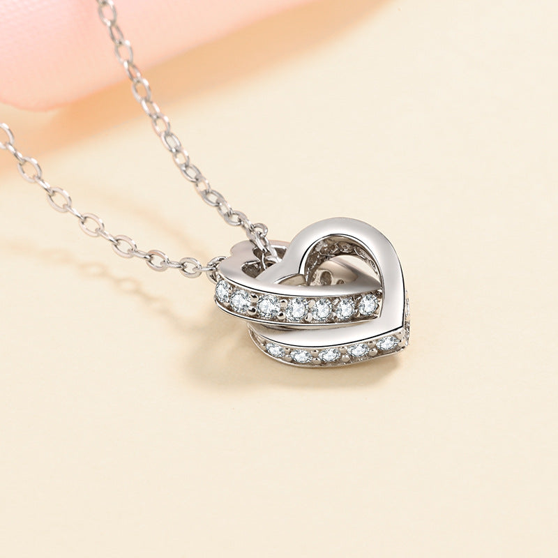 Interlocking Hearts Moissanite Necklace - S925 Sterling Silver Rose Gold/Platinum Plated Collarbone Chain