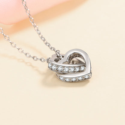 Interlocking Hearts Moissanite Necklace - S925 Sterling Silver Rose Gold/Platinum Plated Collarbone Chain