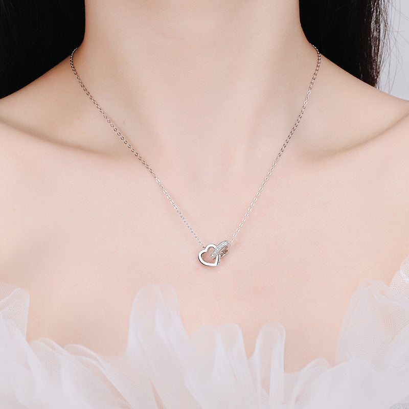 Interlocking Hearts Moissanite Necklace - S925 Sterling Silver Rose Gold/Platinum Plated Collarbone Chain