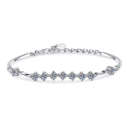 Korean Style 5-Layer Rhodium Plated Sterling Silver Bracelet - 1.35ct Moissanite with Chain & Letter Design