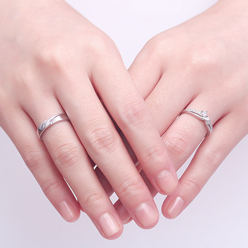 Korean Style 925 Sterling Silver Couple Rings - Adjustable Open-End Matching Set with Zircon Accents