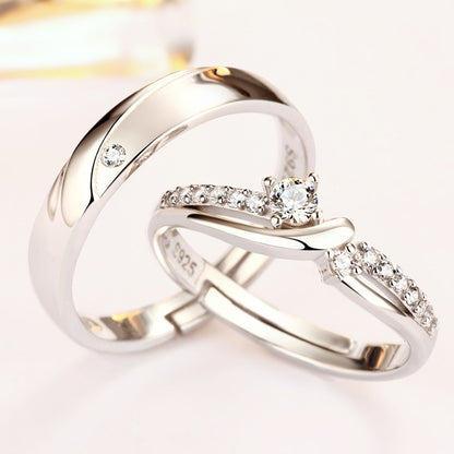 Korean Style 925 Sterling Silver Couple Rings - Adjustable Open-End Matching Set with Zircon Accents