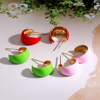 Korean Style Geometric Drop Earrings with Enamel Color - Gold Plated Brass Circle Earrings for Women