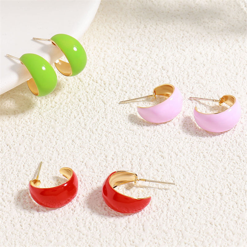 Korean Style Geometric Drop Earrings with Enamel Color - Gold Plated Brass Circle Earrings for Women