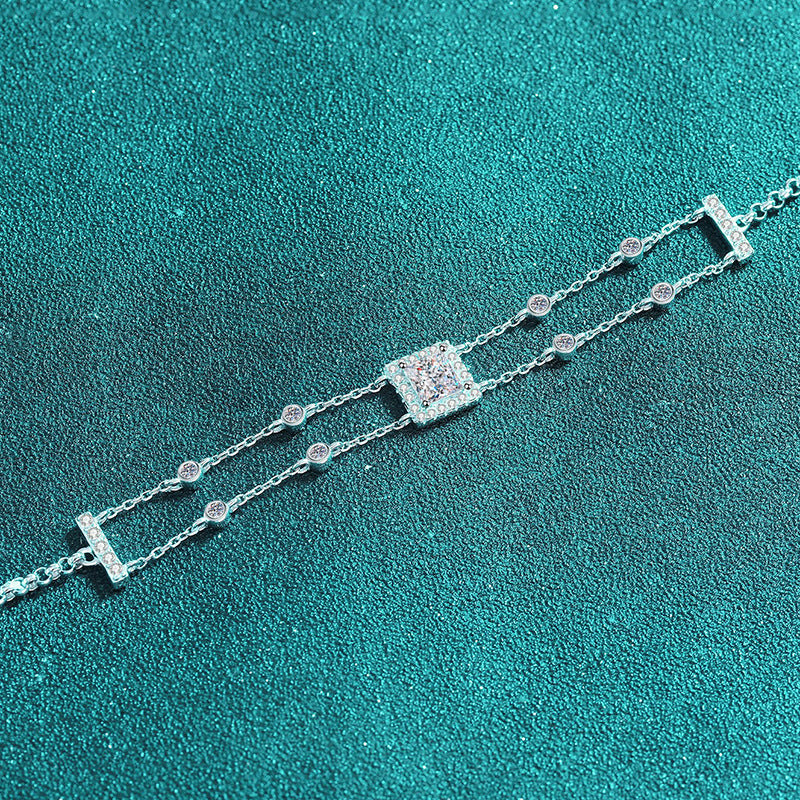 Korean Style Natural Elements Bracelet with 1ct Moissanite & 5.5mm Zircon, Shell and Wave Designs, 5-Layer Rhodium Plating