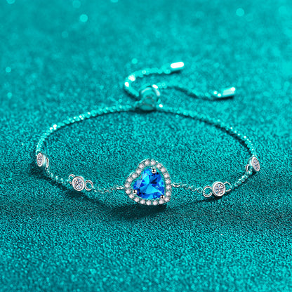 Korean Style Sweet Heart Shape Bracelet | Choice of 1ct White/Blue Moissanite or 6.5mm Zircon | 925 Silver 5-Layer Plating