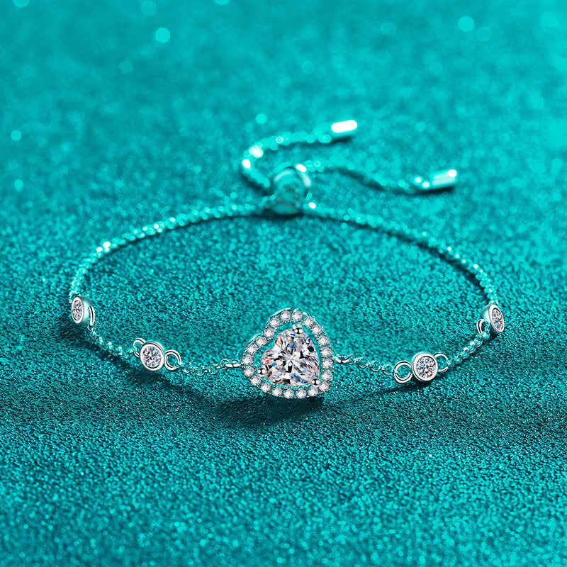 Korean Style Sweet Heart Shape Bracelet | Choice of 1ct White/Blue Moissanite or 6.5mm Zircon | 925 Silver 5-Layer Plating