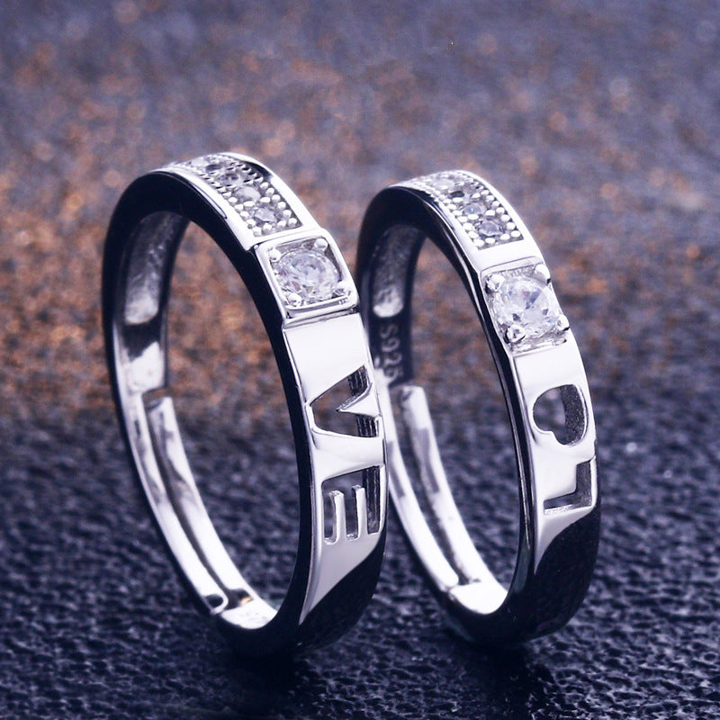 LOVE Cutout Couple Rings - 925 Sterling Silver Openwork Matching Set with Zircon Accents