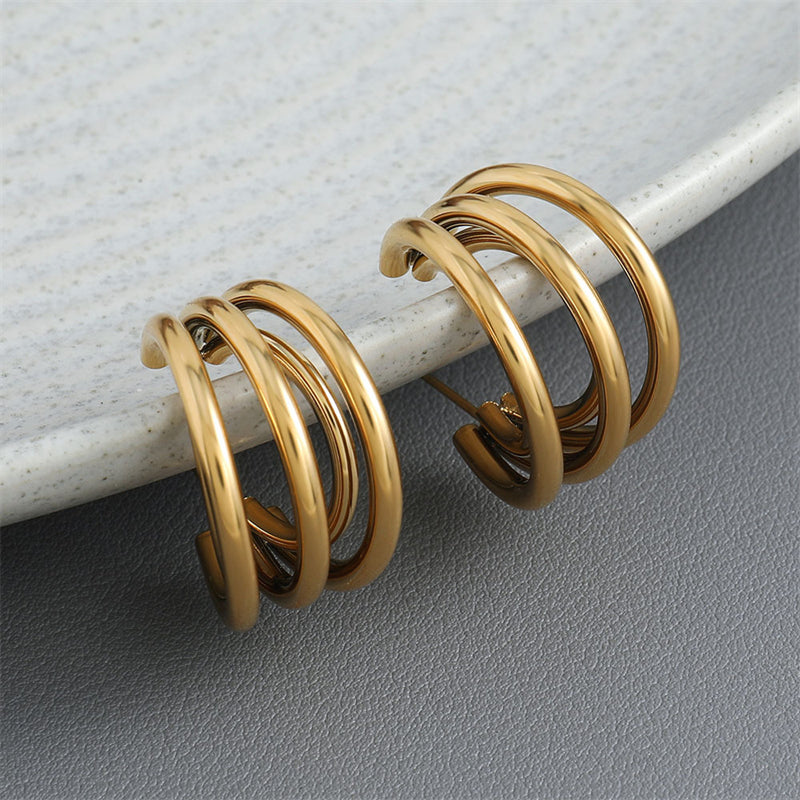 Layered Geometric Ring Earrings in Gold - Multi-layer Irregular Fashion Stud Earrings for Women