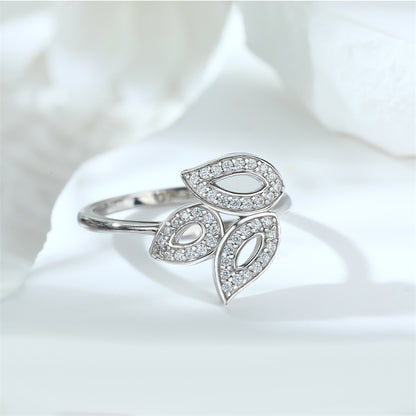Leaf Motif 925 Silver Ring - Nature-Inspired Micro-Pavé Zirconia Band