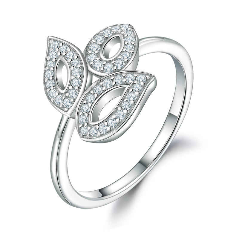Leaf Motif 925 Silver Ring - Nature-Inspired Micro-Pavé Zirconia Band