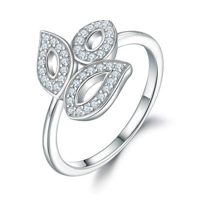 Leaf Motif 925 Silver Ring - Nature-Inspired Micro-Pavé Zirconia Band