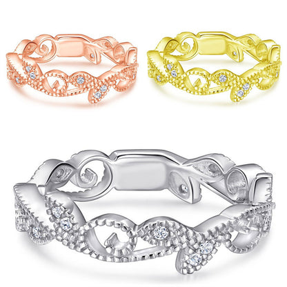 Leaf Motif 925 Silver Ring - Nature-Inspired Zirconia Band in Three Finishes