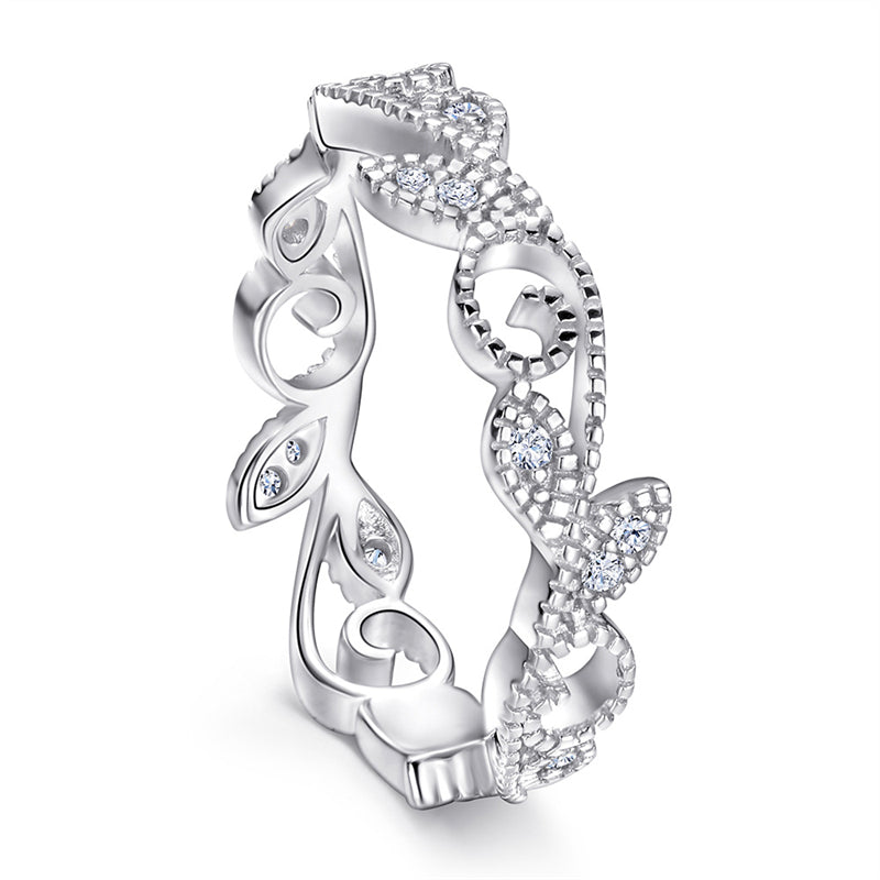Leaf Motif 925 Silver Ring - Nature-Inspired Zirconia Band in Three Finishes