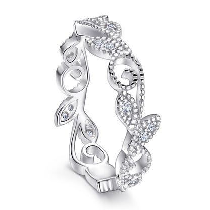 Leaf Motif 925 Silver Ring - Nature-Inspired Zirconia Band in Three Finishes