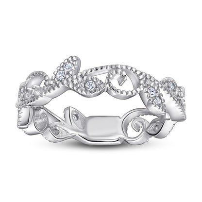 Leaf Motif 925 Silver Ring - Nature-Inspired Zirconia Band in Three Finishes