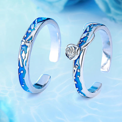 "Little Prince & Rose" Enamel Couple Rings - 925 Sterling Silver Storybook Matching Set