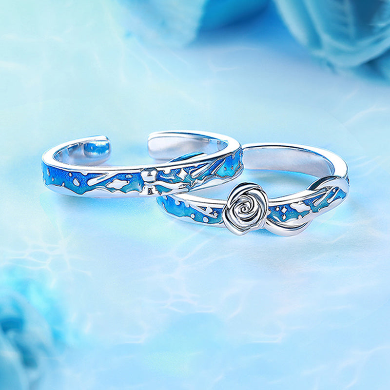"Little Prince & Rose" Enamel Couple Rings - 925 Sterling Silver Storybook Matching Set
