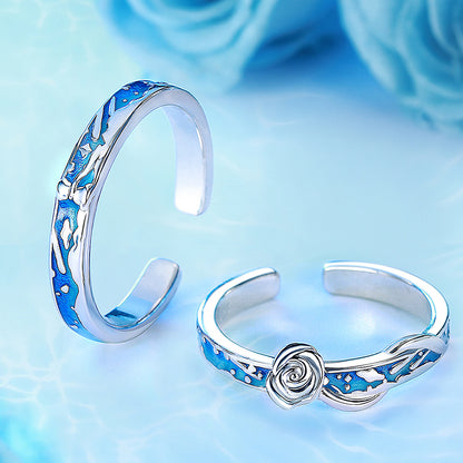 "Little Prince & Rose" Enamel Couple Rings - 925 Sterling Silver Storybook Matching Set