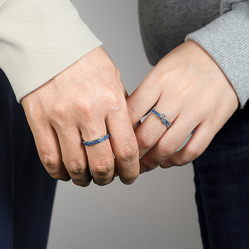 "Little Prince & Rose" Enamel Couple Rings - 925 Sterling Silver Storybook Matching Set