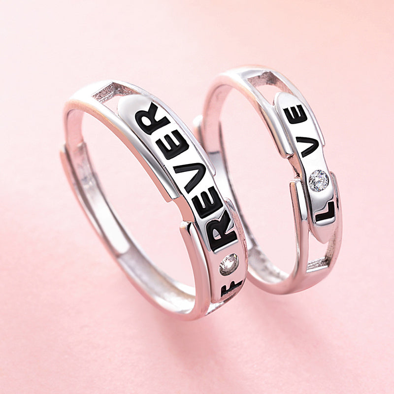 "Love Forever" Couple Rings - 925 Sterling Silver Adjustable Letter Engraved Matching Set