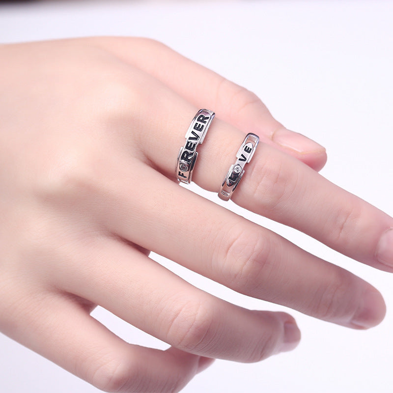 "Love Forever" Couple Rings - 925 Sterling Silver Adjustable Letter Engraved Matching Set