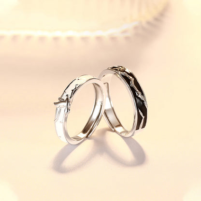 "Lovebirds" Enamel Couple Rings - 925 Sterling Silver Chinese-Style Matching Set