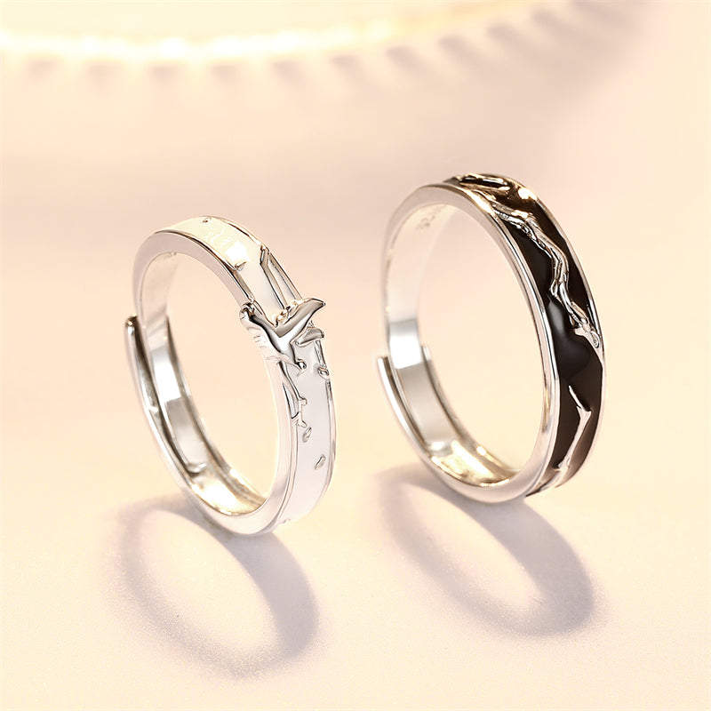 "Lovebirds" Enamel Couple Rings - 925 Sterling Silver Chinese-Style Matching Set