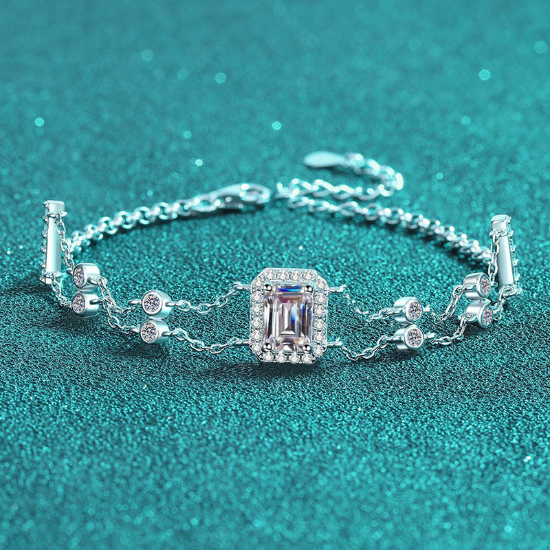 Luxury 5-Layer Rhodium Plated Sterling Silver Bracelet with 1ct Emerald & Radiant Cut Moissanite, Floral and Nature Charms