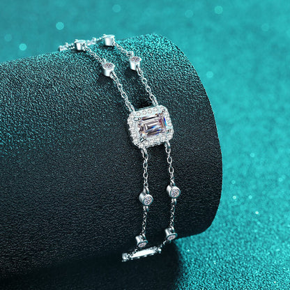 Luxury 5-Layer Rhodium Plated Sterling Silver Bracelet with 1ct Emerald & Radiant Cut Moissanite, Floral and Nature Charms