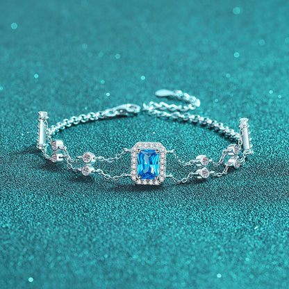 Luxury 5-Layer Rhodium Plated Sterling Silver Bracelet with 1ct Emerald & Radiant Cut Moissanite, Floral and Nature Charms