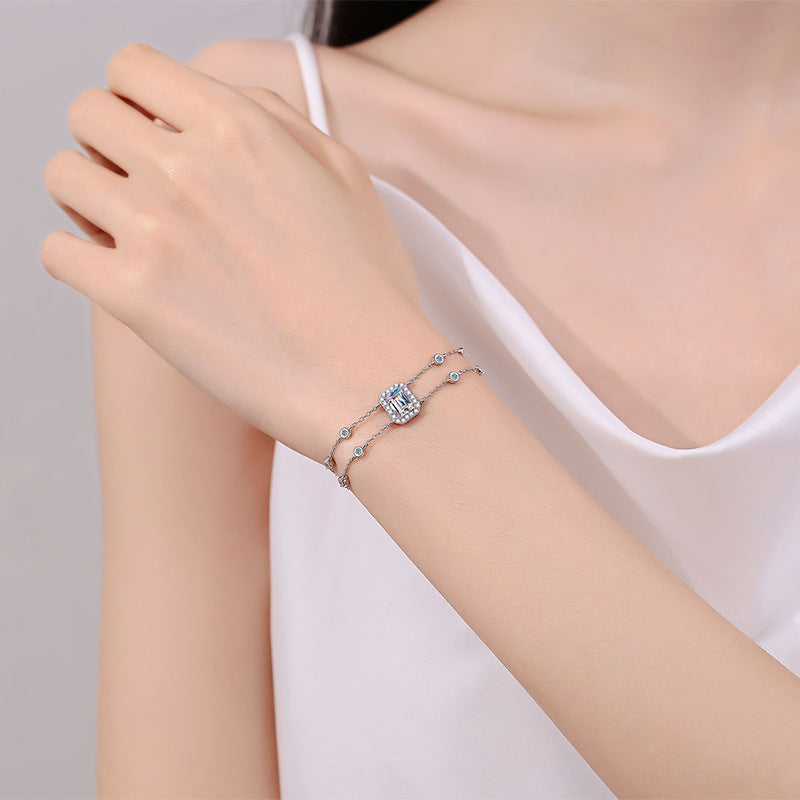 Luxury 5-Layer Rhodium Plated Sterling Silver Bracelet with 1ct Emerald & Radiant Cut Moissanite, Floral and Nature Charms