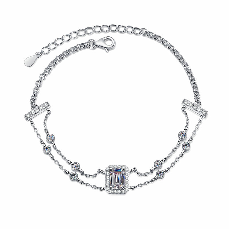 Luxury 5-Layer Rhodium Plated Sterling Silver Bracelet with 1ct Emerald & Radiant Cut Moissanite, Floral and Nature Charms
