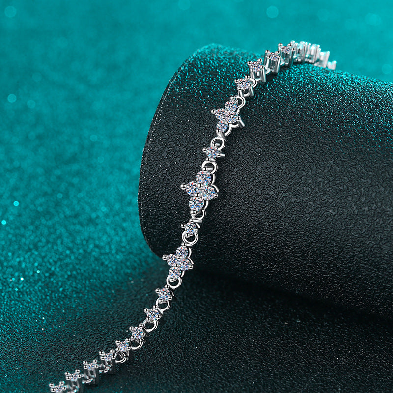 Luxury Floral 925 Silver Bracelet for Women with 1.38ct Moissanite - Lily, Rose & Camellia Design, 5-Layer Rhodium Plating
