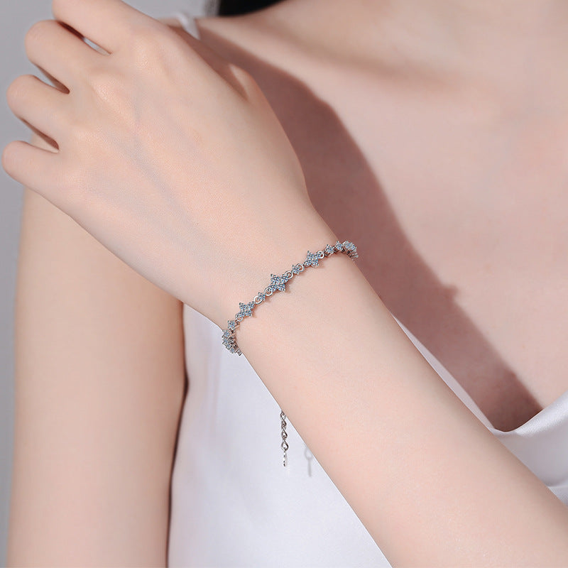 Luxury Floral 925 Silver Bracelet for Women with 1.38ct Moissanite - Lily, Rose & Camellia Design, 5-Layer Rhodium Plating