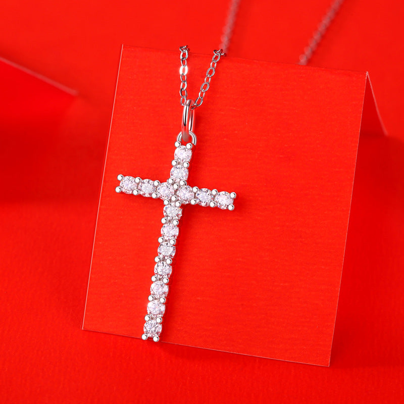Minimalist Cross Pendant Necklace with 15 Moissanite Stones